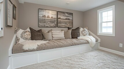 Cozy Reading Nook in a Modern Home with Comfortable Built-In Bench, Pillows and Decorative Wall Art