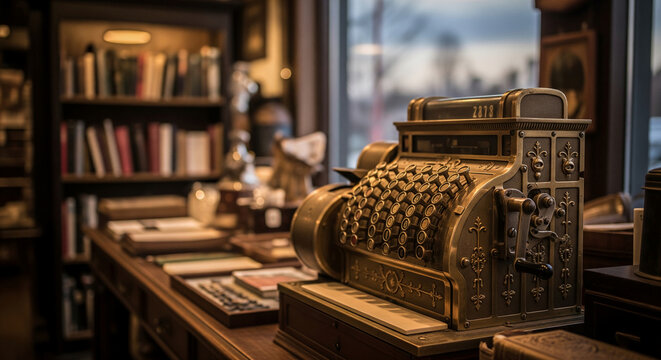 Close-up of antique brass cash register on wooden counter, blurred bookshelves in background, showcasing vintage business equipment and nostalgic atmosphere