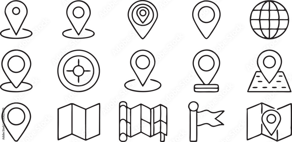 Poster location navigation icons line art set map pin route gps travel direction guide