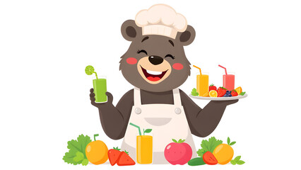 Cheerful anthropomorphic chef bear in a cute apron, proudly holding a tray of brightly colored, cartoonish healthy smoothies or fruit salads.