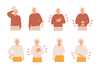 Set of elderly people suffering from various types of pain. Medical discomfort and health issues in seniors. Back, stomach, throat and chest pain, headache. Flat Vector Illustration isolated on white.