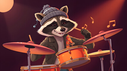  Focused anthropomorphic raccoon drummer, dressed in a bini, passionately playing a drum kit.