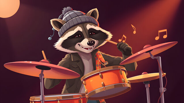  Focused anthropomorphic raccoon drummer, dressed in a bini, passionately playing a drum kit.