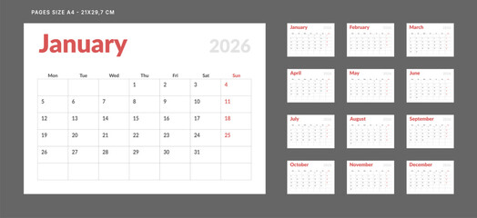 Set of 12 Pages Monthly Calendar Planner Templates on 2026 year. Vector mockup of a wall or desktop calendar with the week starting on Monday for printing. Page for size A4 -21x29.7 cm