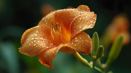 Single orange flower with morning dew, soft backlight. Nature's delicate beauty in a drop.