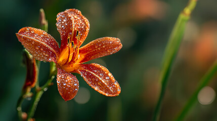 Single orange flower with morning dew, soft backlight. Nature's delicate beauty in a drop.