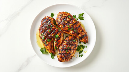 Top view of grilled chicken breasts marinated in smoked paprika with parsley garnish on a white plate.