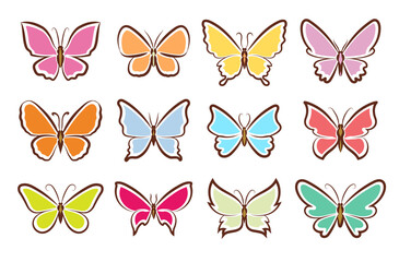 Set of cartoon butterflies, simple line and colors vector design