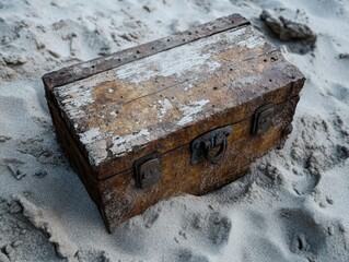 Glittering decay Concept. An old, weathered wooden chest rests on sandy ground, suggesting themes of mystery and treasure.