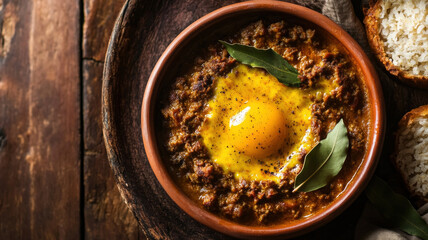 Delicious moroccan tagine with egg and spices in rustic bowl.