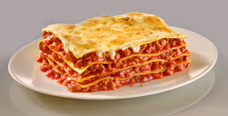 Lasagne Bolognese Art auf weissem Teller auf grauem Fond, Pasta, Nudeln, 