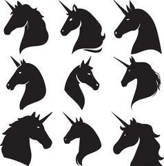  Collection of Stylized Unicorn Head Silhouettes with Unique Horn and Mane Designs set