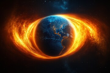 Obraz premium Exploring the dynamic effects of Earth's magnetic field on climate and weather patterns in a vibrant cosmic representation