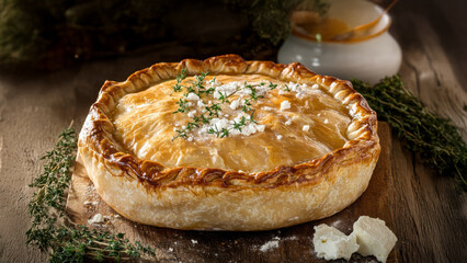 Golden puff pastry pie with fresh herbs and cheese on rustic wooden table.