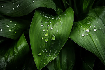 Obraz premium Dew-covered green leaves glisten in the morning sun after recent rainfall near a lush garden
