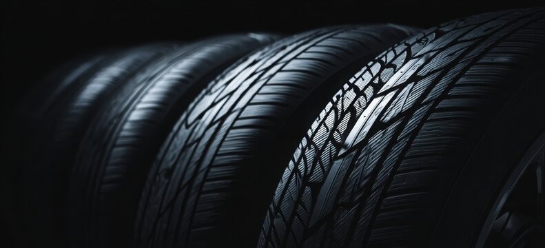 Fototapeta Black background with a close-up of black tires in a row. Abstract banner for a car, automotive, or mobile shop concept. Background for advertising and design with copy space.