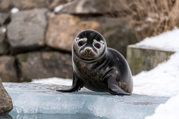 Naklejka premium Baby seal plays on the edge of an icy pool in a serene wintry landscape, showcasing curiosity and playful behavior