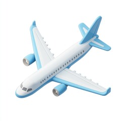A stylized, light-blue and white passenger jet airplane, depicted in a three-quarter view against a white background, rendered in a simplified, cartoonish style
