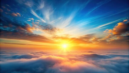 Obraz premium Softly glowing abstract gradient sunrise in the sky with shades of blue and orange hues over a natural background featuring subtle clouds and gentle mist