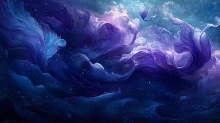 Abstract ethereal scene of swirling, flowing fabrics in deep blues and purples, resembling cosmic clouds and mythical creatures