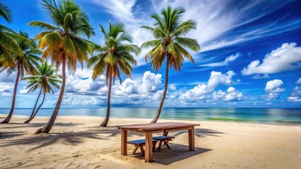 Obraz premium A lone wooden table set on the empty beach with palm trees standing tall in the background