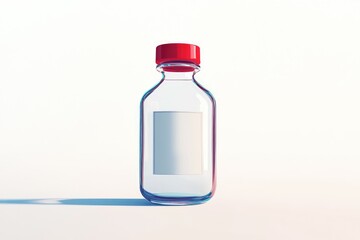 Obraz premium Clear glass vial with a red cap and blank label, subtly lit against a white backdrop, casting a slight shadow