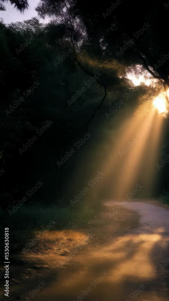 Aufkleber sunlight rays shining through trees onto a path creating shadows in a dense forest landscape, illumi