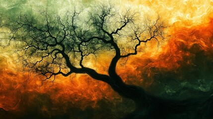 Abstract tree against fiery backdrop