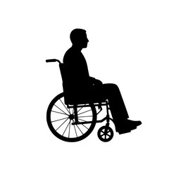 Man in wheelchair silhouette isolated on transparent background. Person in wheelchair silhouette side view isolated on transparent background