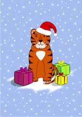obraz wektorowy tygrysa w czapce Świętego Mikołaja z prezentami © Nina