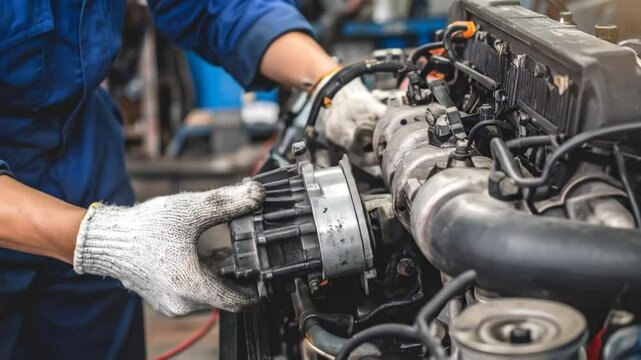 Close-up of auto mechanic fixing car engine with expertise and precision in workshop