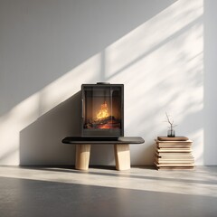 Modern, minimalist fireplace in a bright room