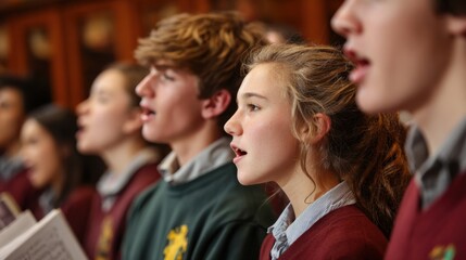 Fototapeta premium Concept photo of a music class in a Christian school, with students harmonizing in a choir as they sing a hymn and learn about the history and significance of Christian music.