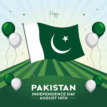 Happy Pakistan Independence Day August 14th with Pakistan waving flag baloon and field background