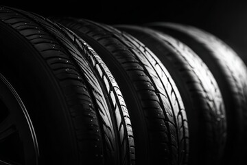 Black background with tires in the foreground. Close-up of car wheels. The concept is to place an advertising banner for tire services.
