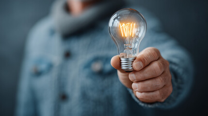 Persona sosteniendo una bombilla encendida, concepto de creatividad e ideas