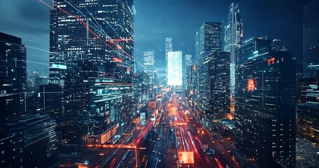 Futuristic city skyline at night with digital overlay - Powered by Adobe