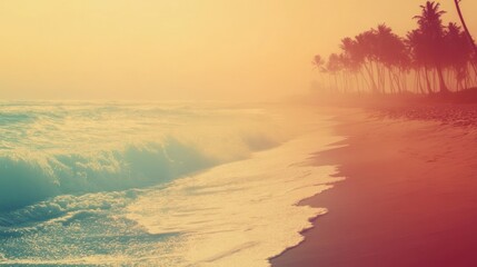 Tranquil beach scene at sunrise with waves crashing on the shore.