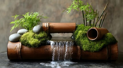 Small bamboo water fountain with a gentle water stream, surrounded by moss and river stones. A tranquil scene perfect for spa, zen, or nature-inspired design themes.