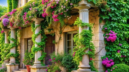 A lush green vine crawls up the facade of a house