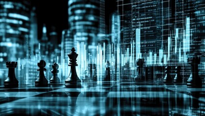 Chess pieces on a board, city lights, data overlay