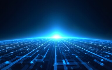 Futuristic digital horizon with glowing blue grid and light burst in space. High quality