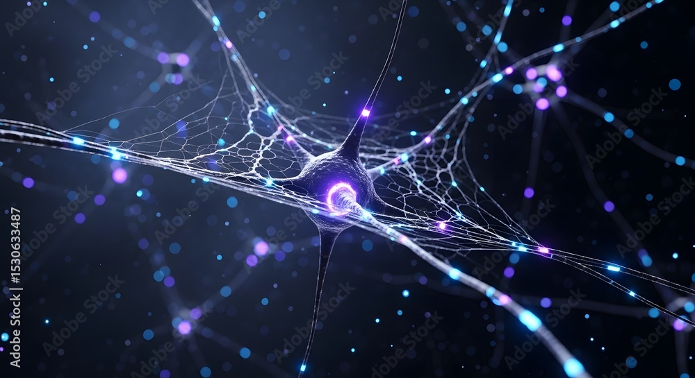 Aufkleber abstract neural network: glowing synapses and intricate web-like connections in deep blue and purple