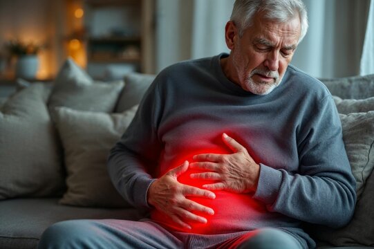 Senior Caucasian man sitting on sofa with both hands on abdomen in visible discomfort, red glow highlighting abdominal pain in warm home interior
