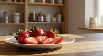 Fresh Strawberries on Plate in Sunny Kitchen Setting