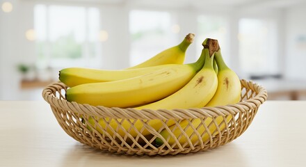Bananas in Woven Basket on Table in Bright Kitchen