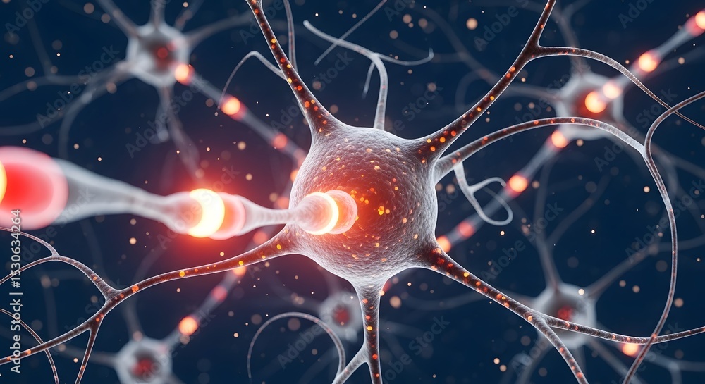 Poster microscopic neural network: intricate synaptic connections and glowing axons in vivid orange and blu