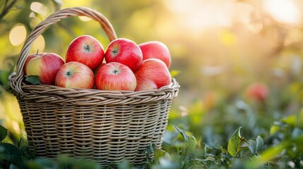 Basket of apples in a garden at sunset