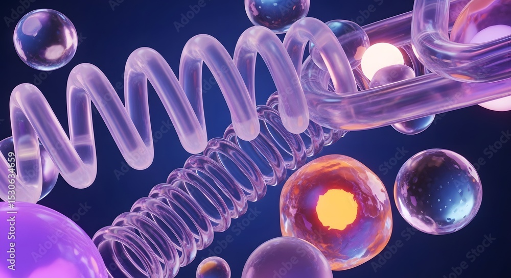 Poster abstract 3d render: intertwined glass spirals and luminous spheres in a deep blue setting