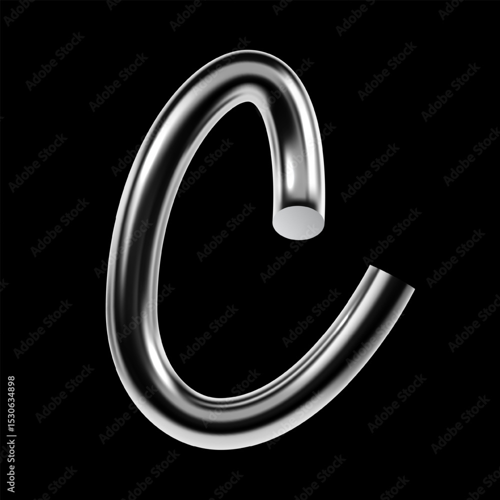 Poster 3d chrome letter c with glossy metallic surface and curved shape in y2k style. futuristic vector cha